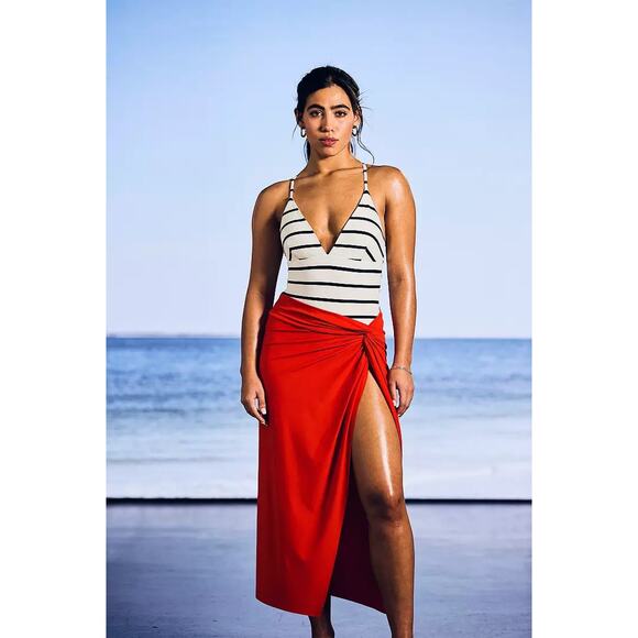 CALIA Swim Triangle Strappy Back One Piece White/Blue Stripe Mesh 16 NWT - Picture 1 of 8
